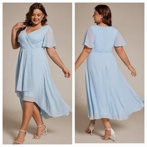 Pleated V Neck Chiffon High Low Short Sleeve Dress Sz 26